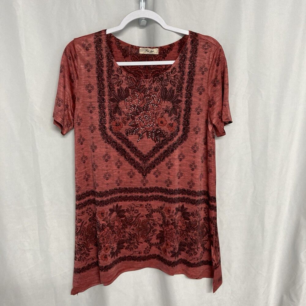 RUE JUJU red floral rhinestone scoop neck short sleeve top S